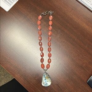 Elegant Coral Beaded Necklace with Abalone Pendant